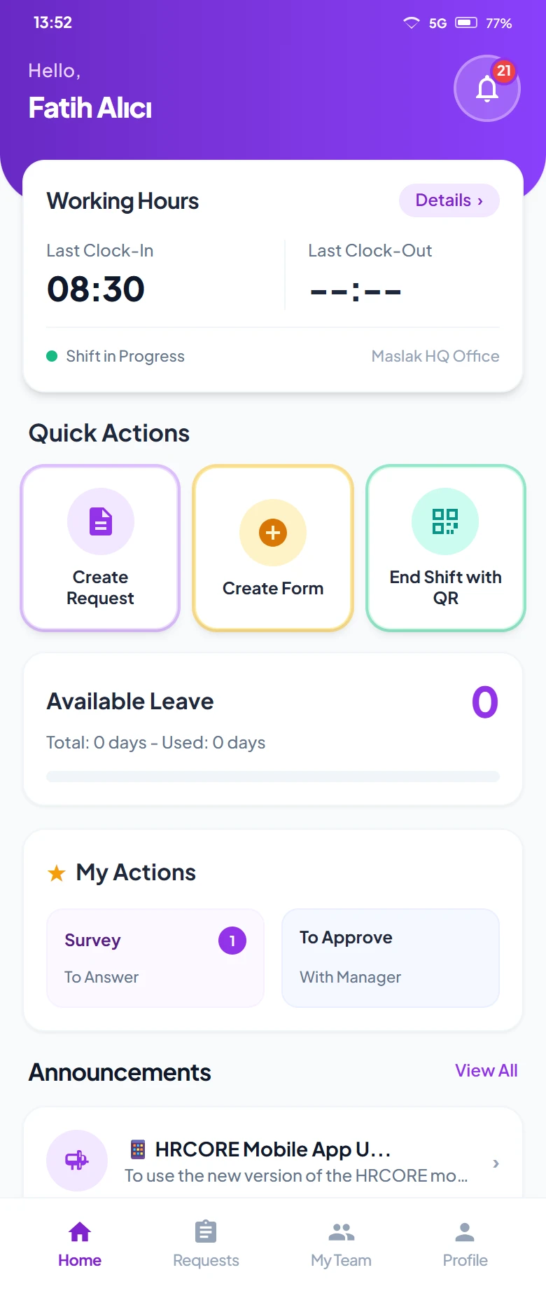 HRCORE mobile app home screen
