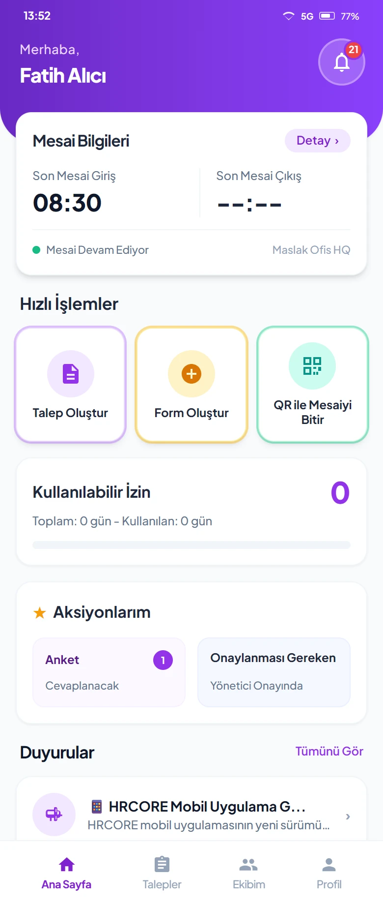 HRCORE mobil uygulaması ana ekranı